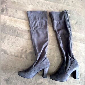 Blue Grey, heel knee high boots size 8, silver back zipper